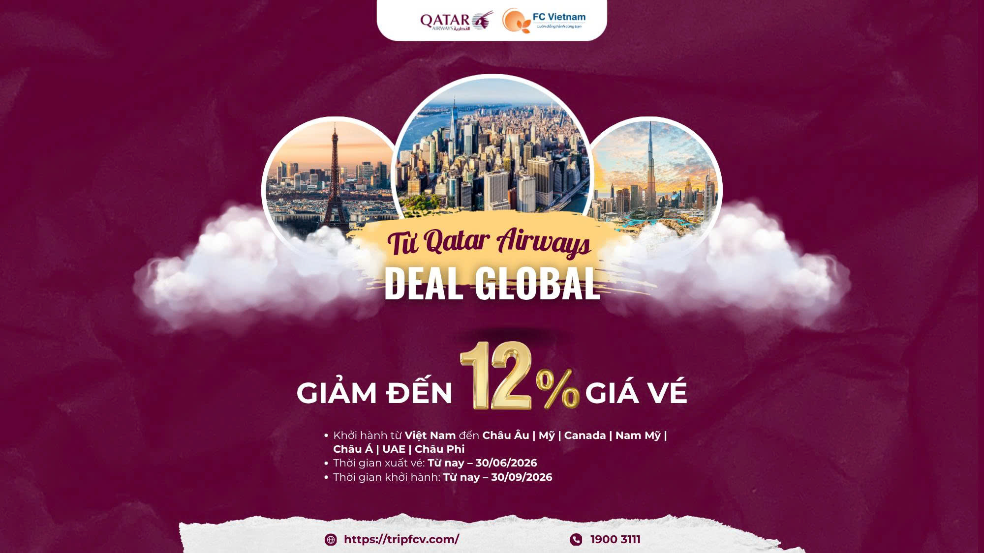 DEAL GLOBAL TỪ Qatar Airways | GIẢM ĐẾN 12%