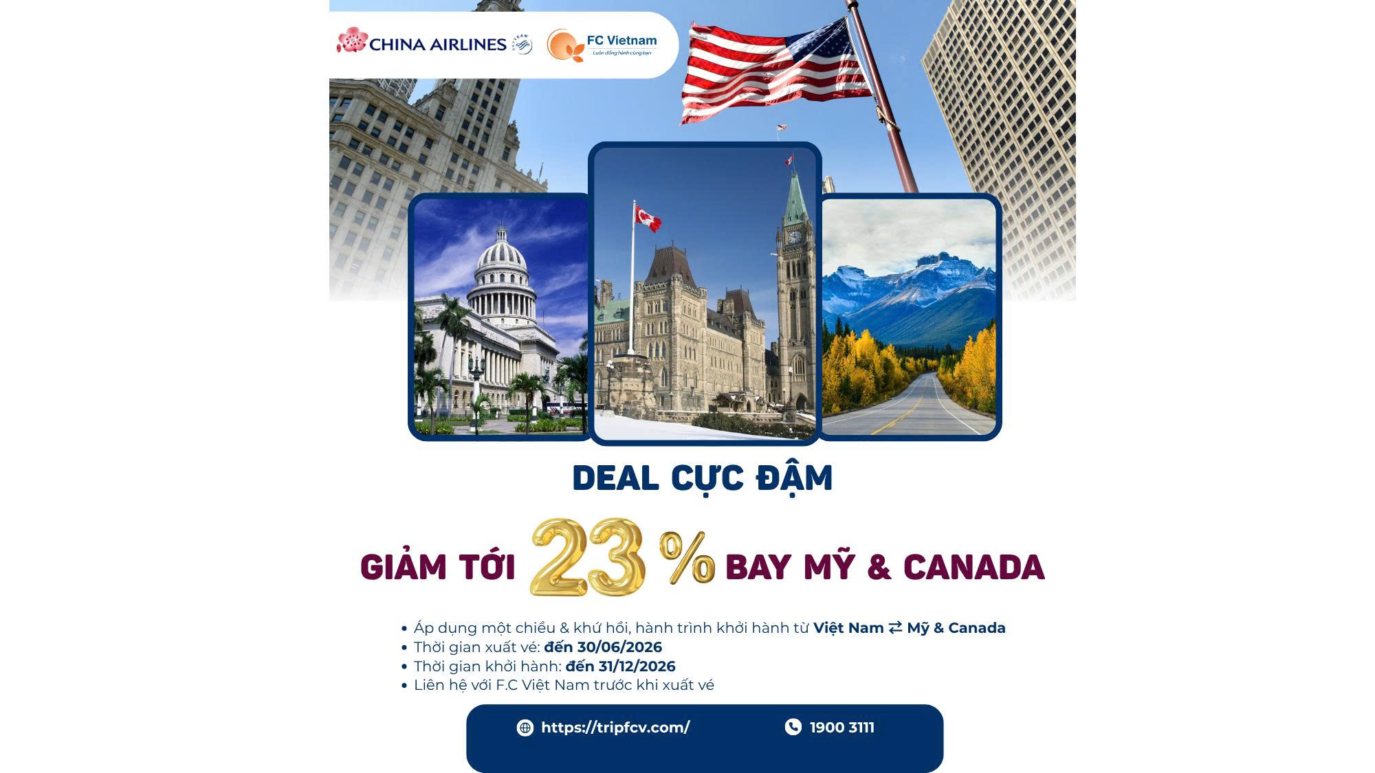 SĂN VÉ ĐI MỸ & CANADA | GIẢM SÂU 23%