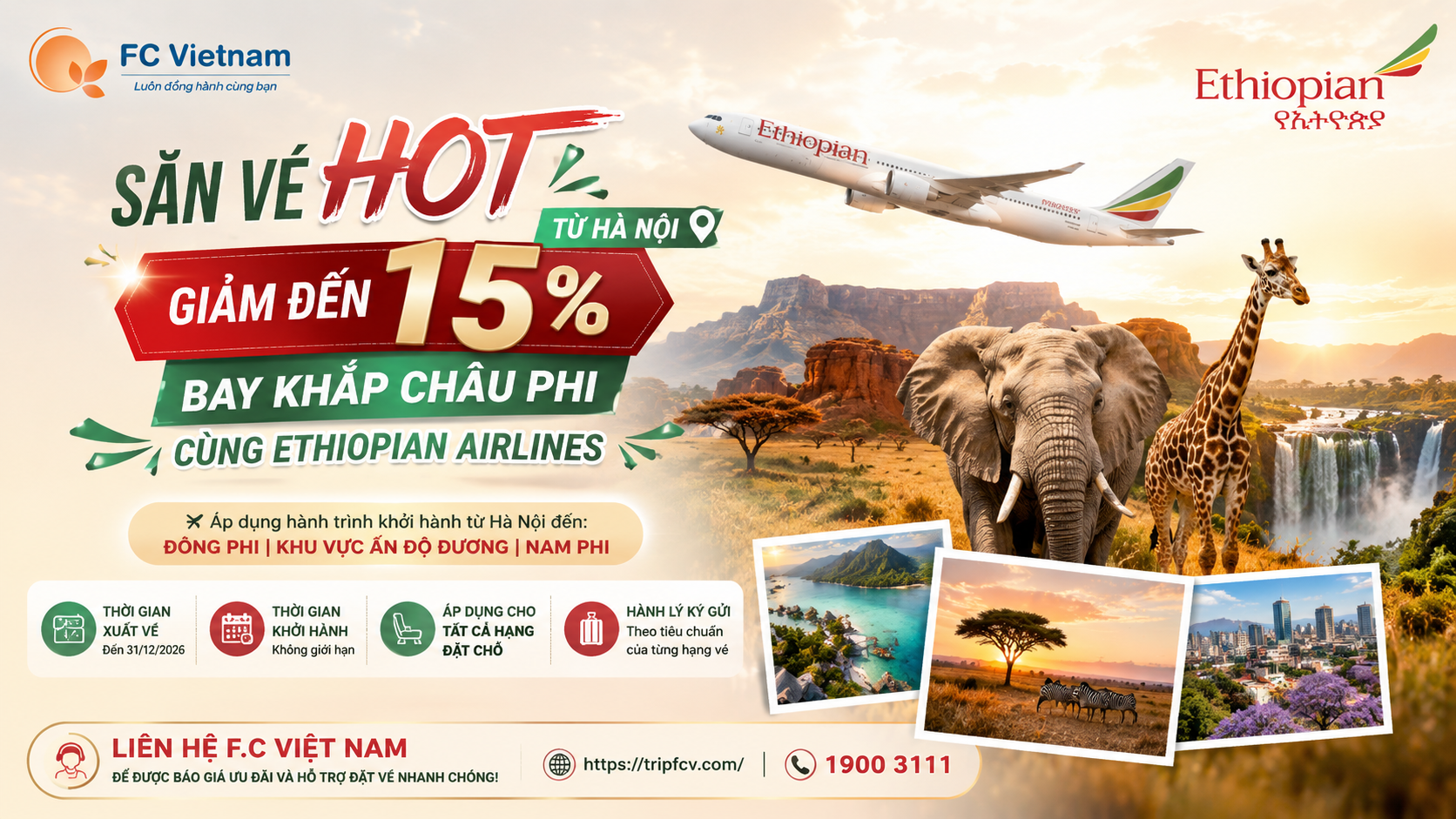 SĂN VÉ HOT TỪ HÀ NỘI – GIẢM ĐẾN 15% BAY KHẮP CHÂU PHI CÙNG ETHIOPIAN AIRLINES