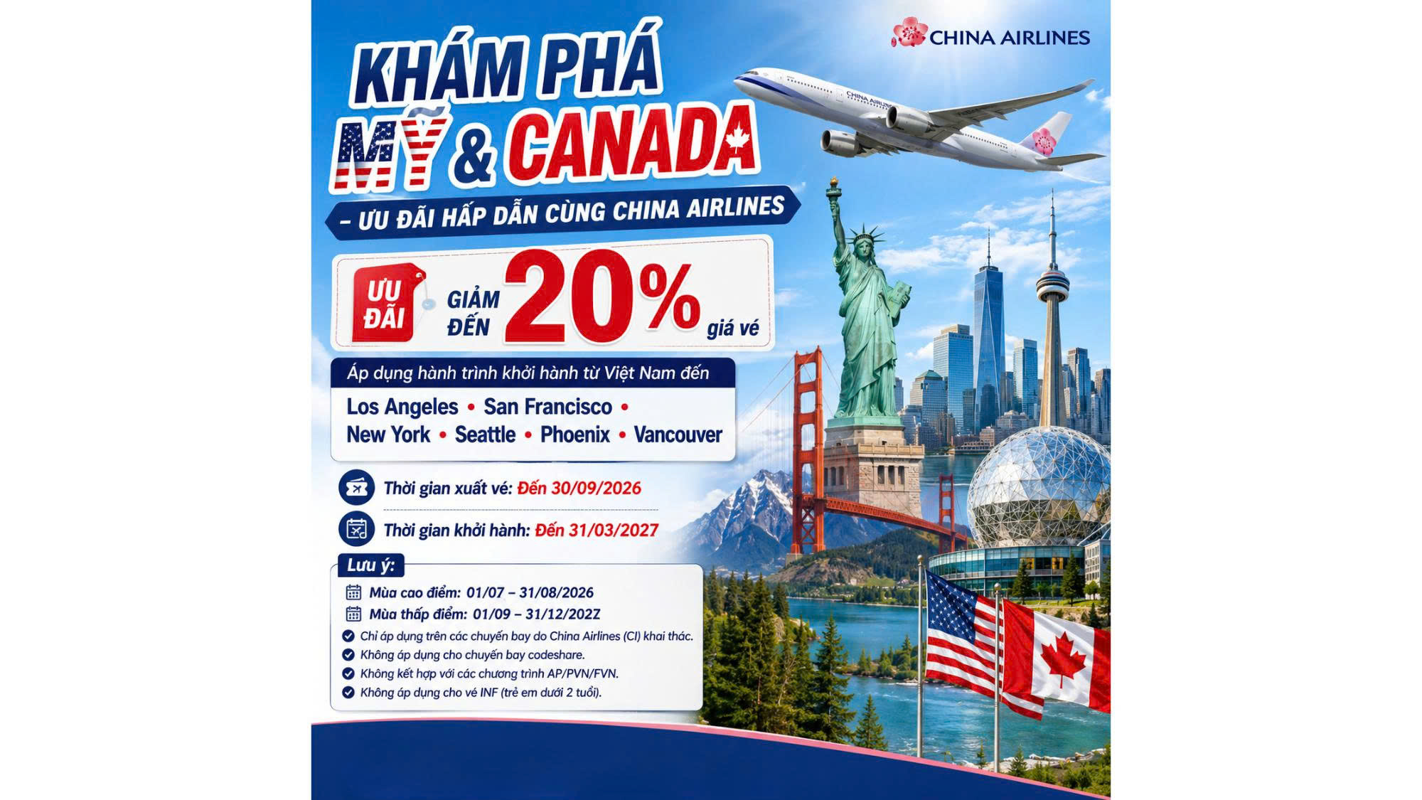 KHÁM PHÁ MỸ & CANADA – ƯU ĐÃI HẤP DẪN CÙNG CHINA AIRLINES ĐẾN 20%!