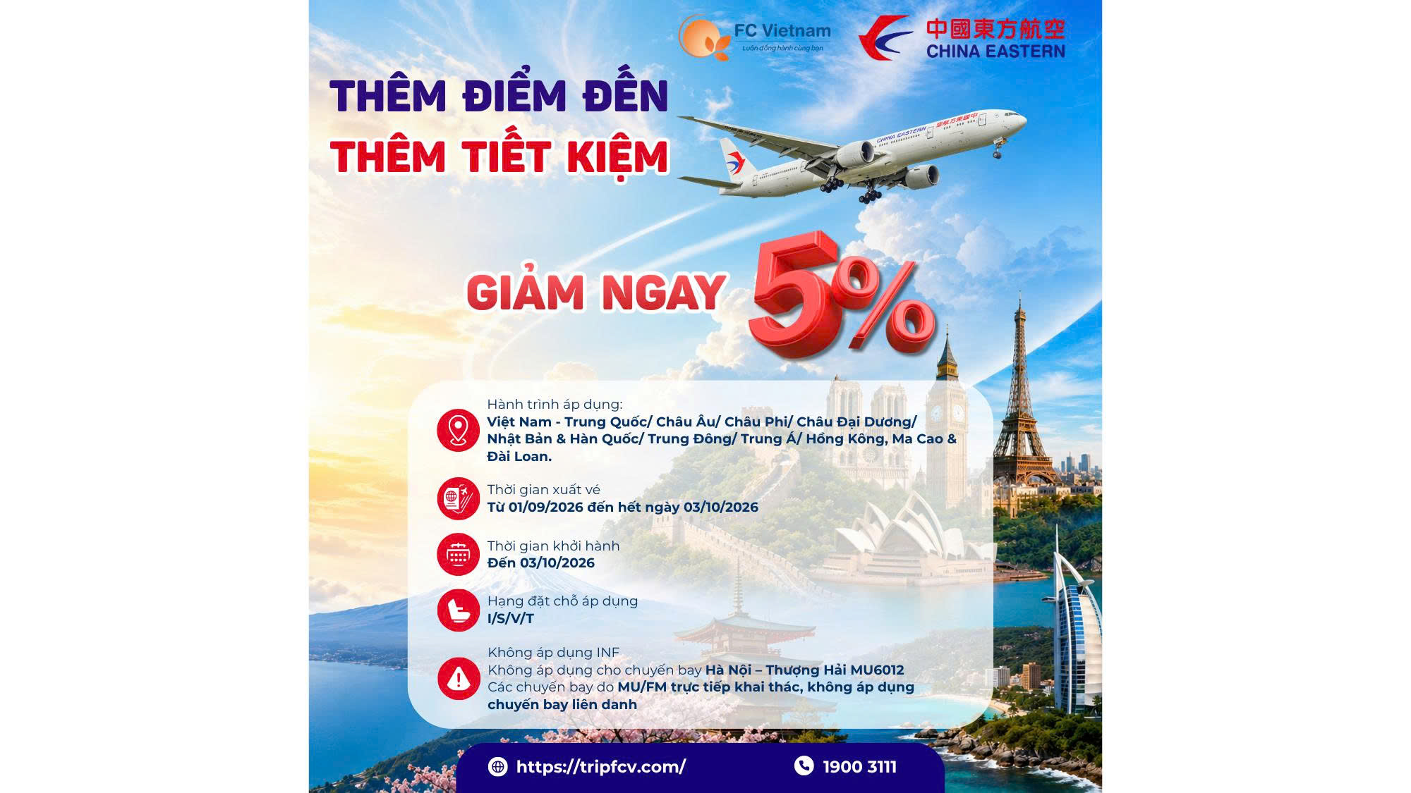THÊM ĐIỂM ĐẾN, THÊM TIẾT KIỆM – GIẢM 5% CÙNG CHINA EASTERN