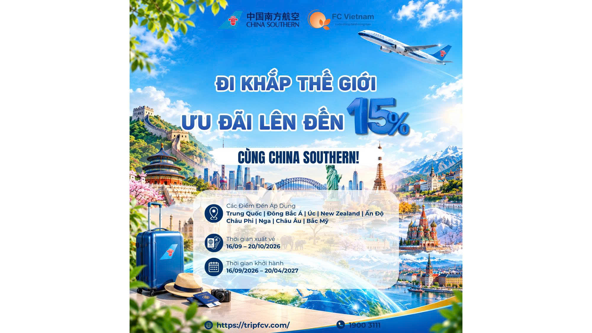 ĐI KHẮP THẾ GIỚI – ƯU ĐÃI ĐẾN 15% CÙNG CHINA SOUTHERN!