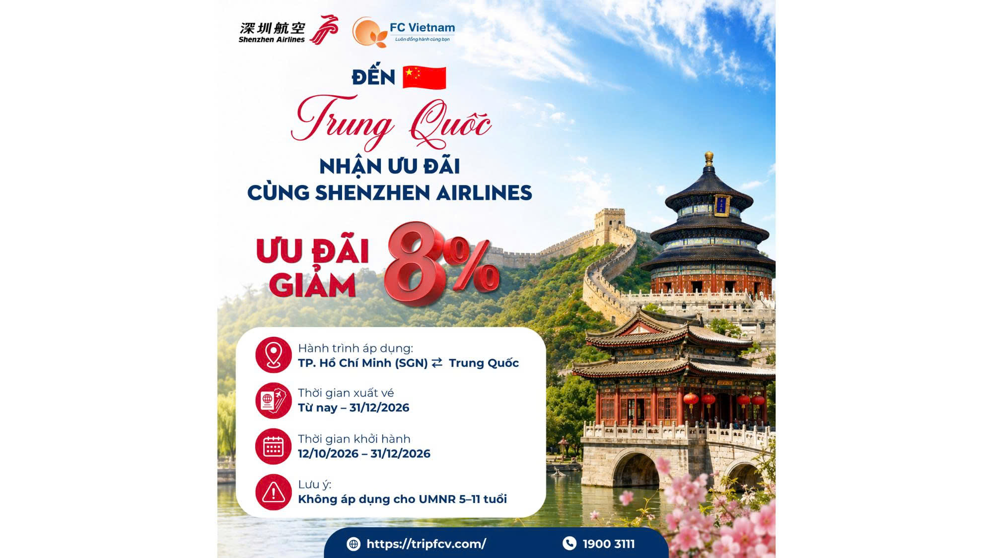 ƯU ĐÃI 8% CHO HÀNH TRÌNH TỪ TP.HCM ĐẾN TRUNG QUỐC