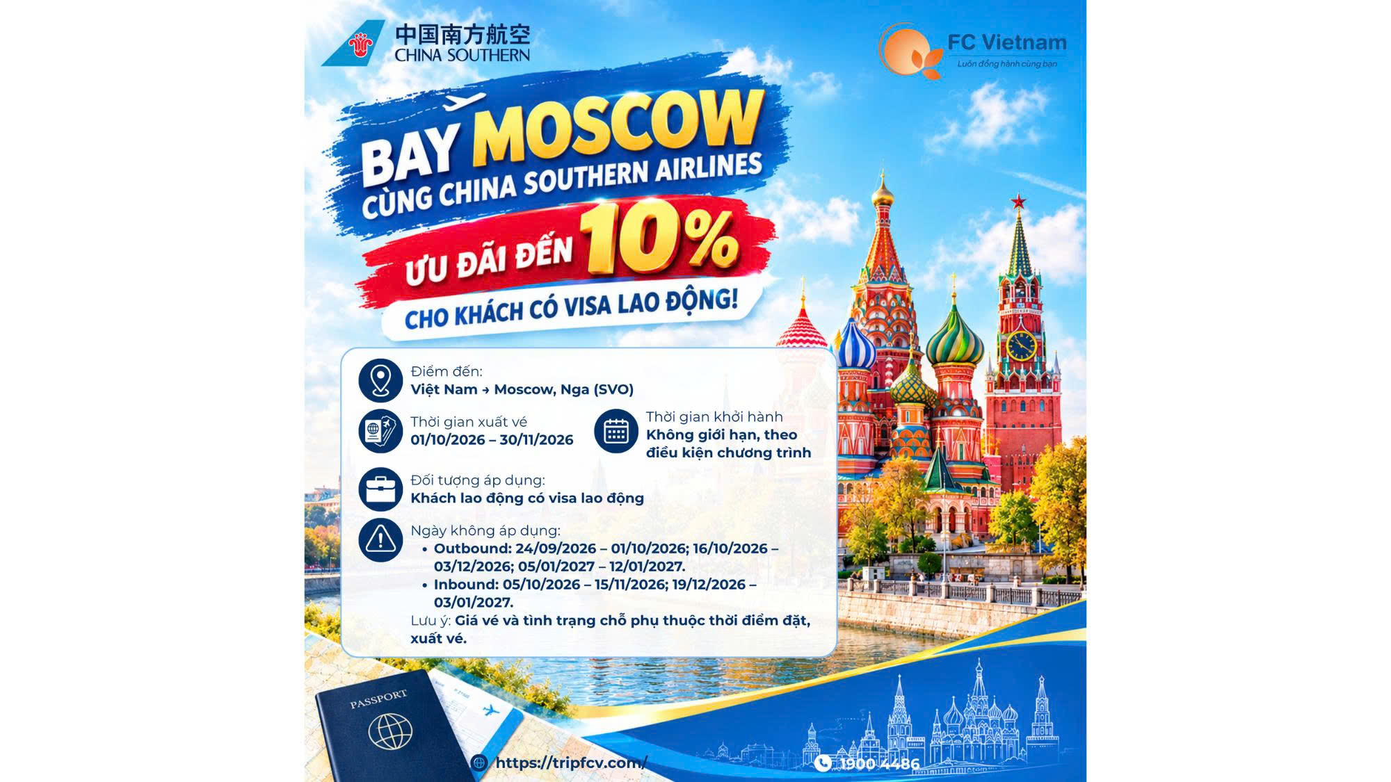 BAY MOSCOW CÙNG CHINA SOUTHERN AIRLINES | ƯU ĐÃI ĐẾN 10% CHO KHÁCH CÓ VISA LAO ĐỘNG!